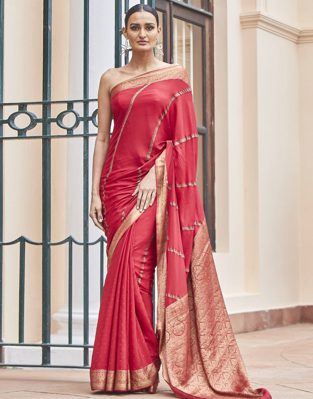 MBZ Meena Bazaar-Red Woven Crepe Saree