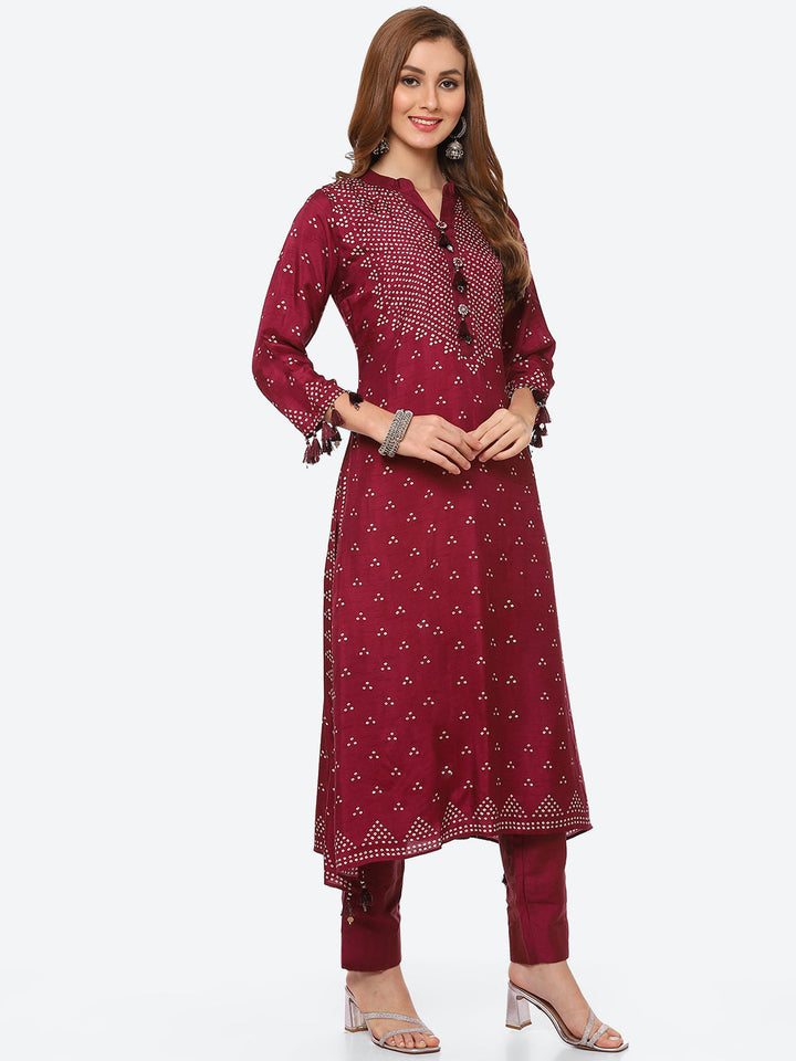 Bandhani Printed Banarasi A-Line Kurta With Pant
