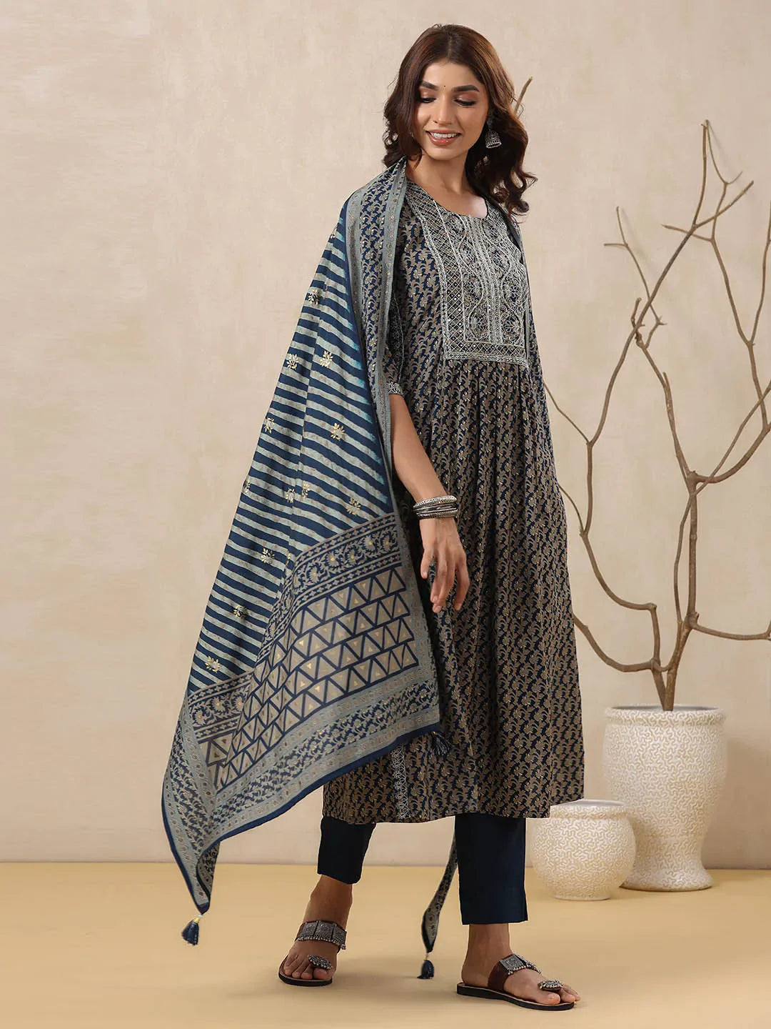 Neck Embroidered Muslin Kurta With Pants &amp; Dupatta