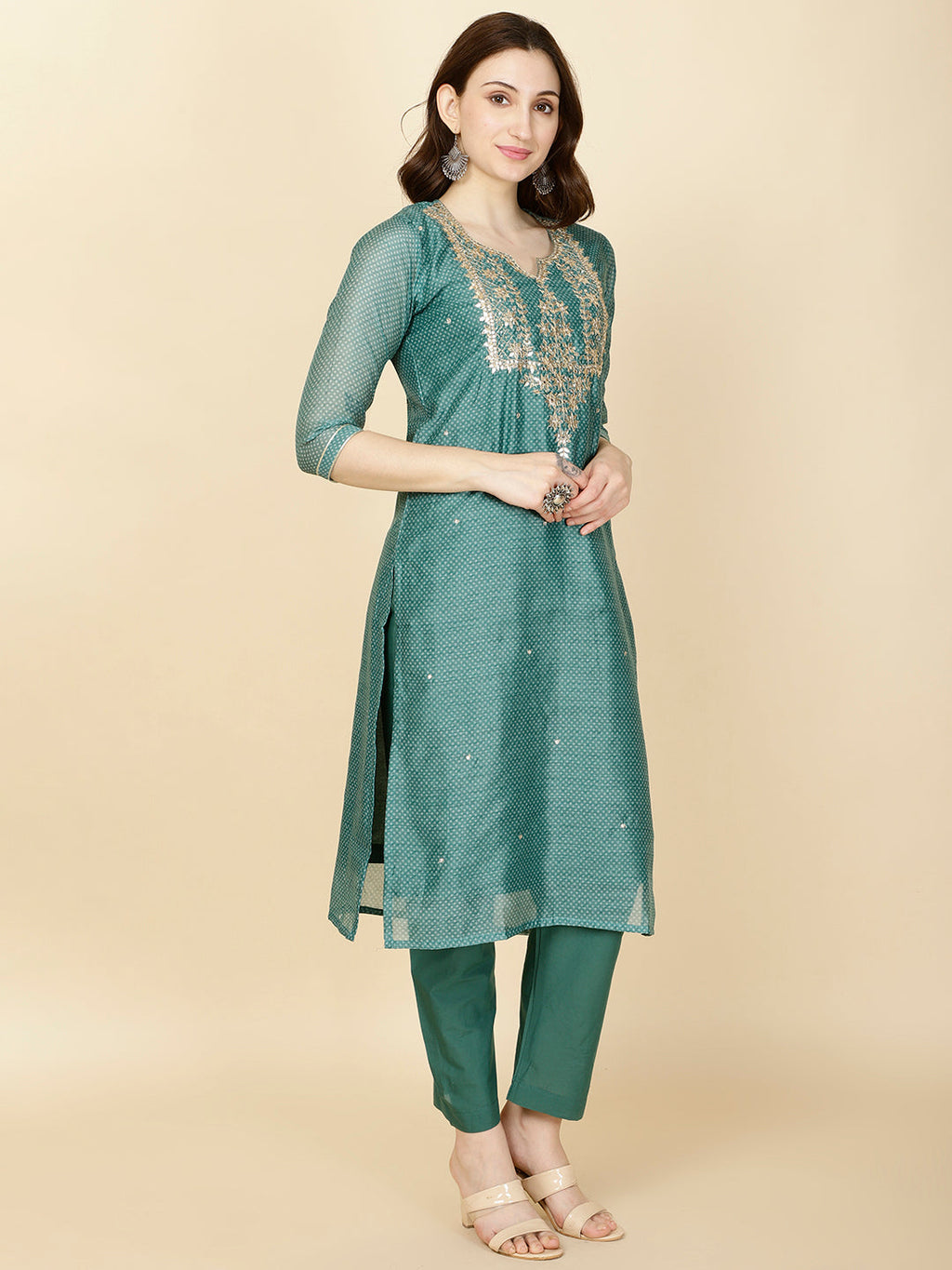 Neck Gota Patti & Printed Chanderi Kurta With Pants & Dupatta