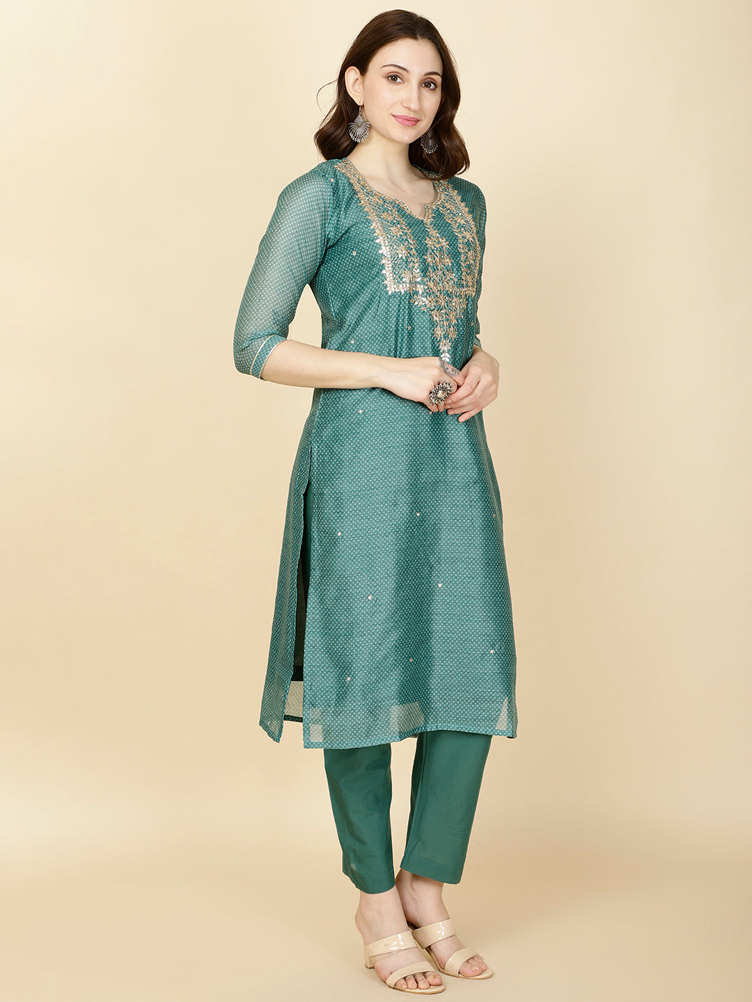 Neck Gota Patti & Printed Chanderi Kurta With Pants & Dupatta