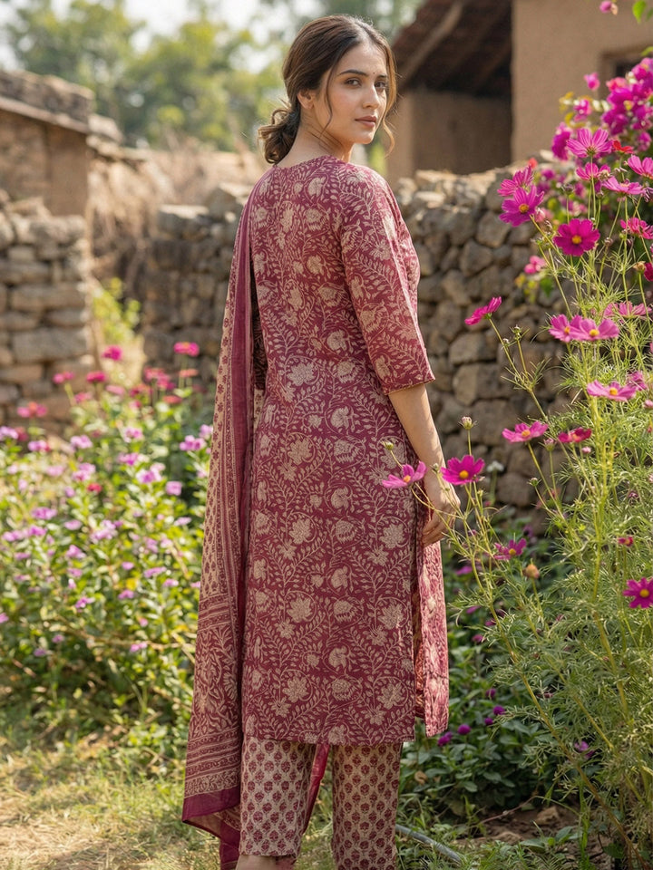 Printed Cotton Blend Kurta With Pant &amp; Dupatta