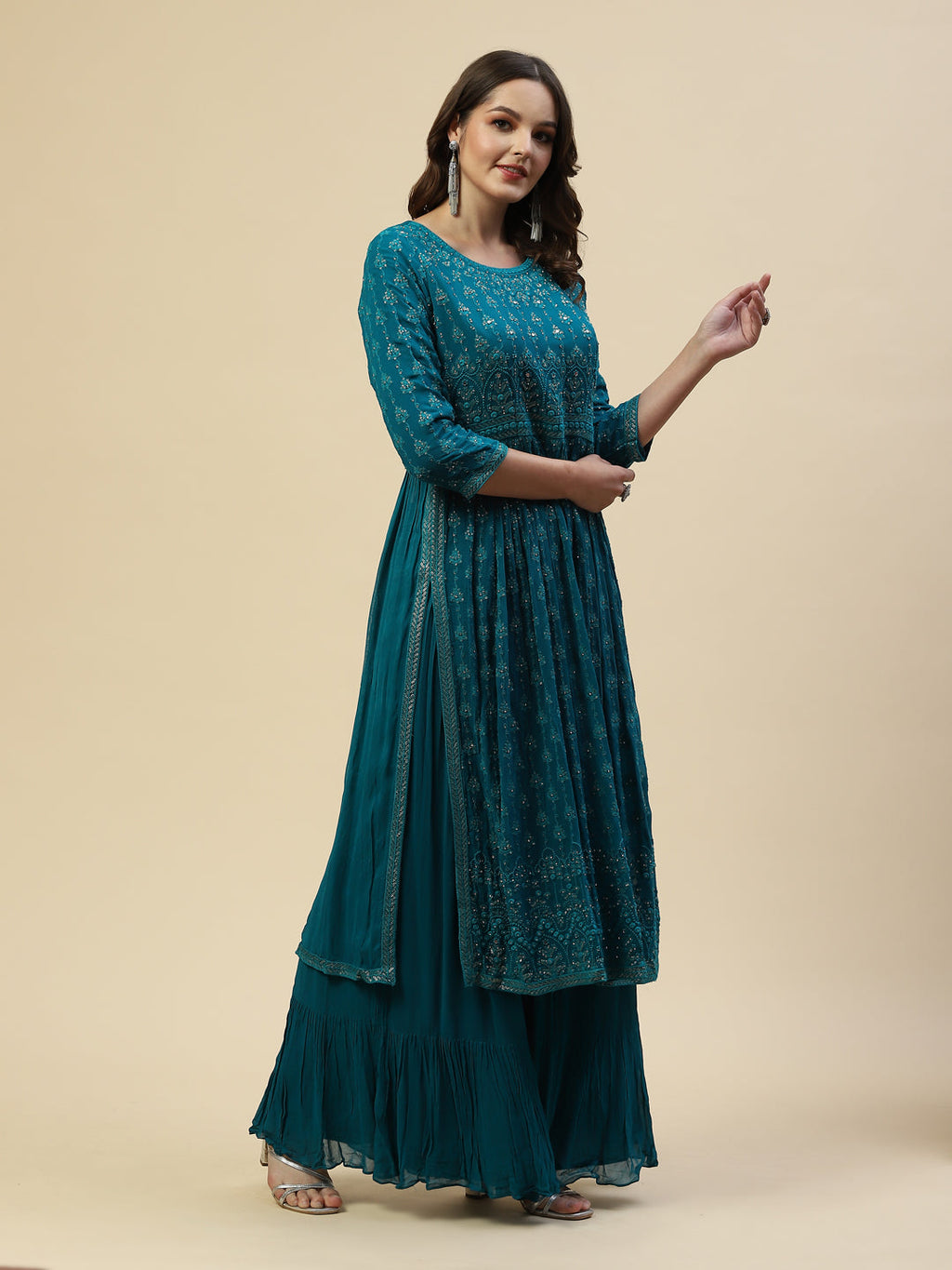 Embroidered Georgette Kurta With Palazzo & Dupatta