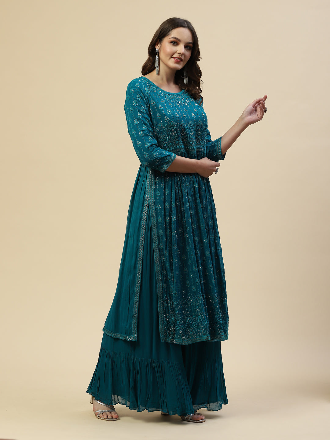 Embroidered Georgette Kurta With Palazzo & Dupatta