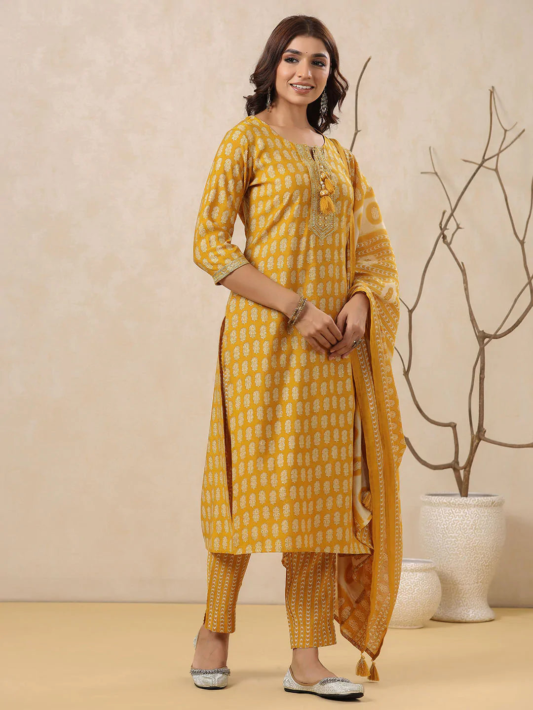 Block Printed Muslin Kurta With Pants &amp; Dupatta