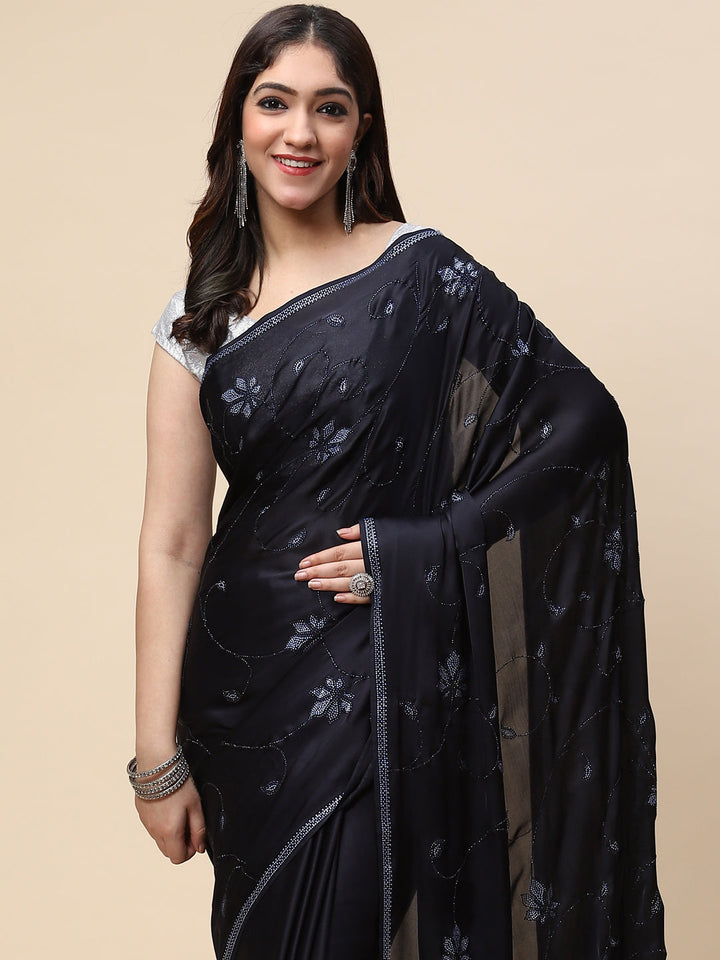 Stone Jaal Embroidered Satin Saree
