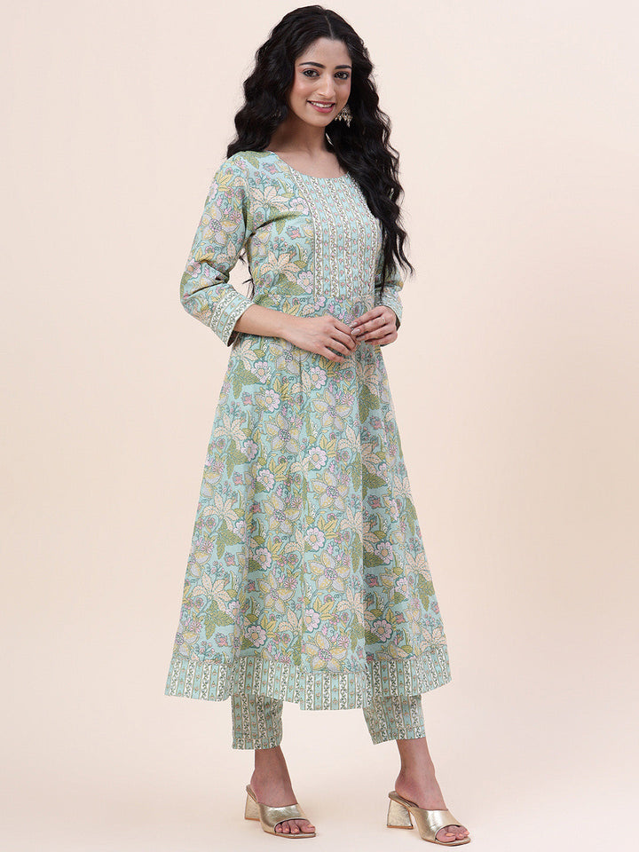 Floral Printed Cotton Kurta With Pants &amp; Dupatta