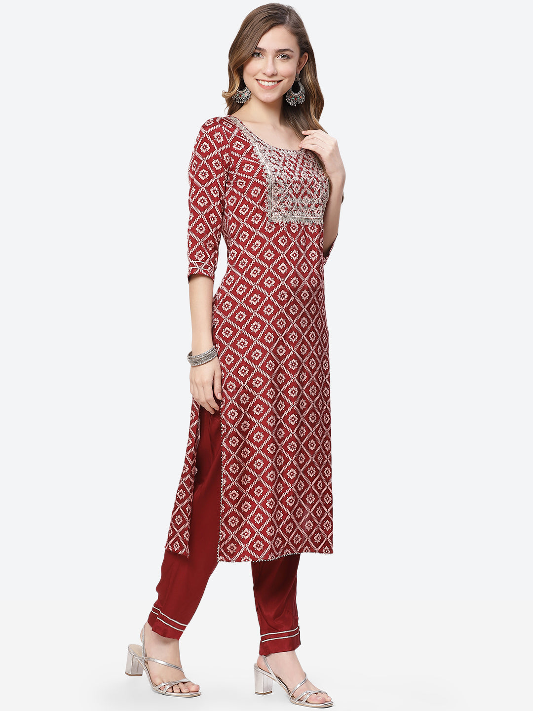 Printed Zari Work Cotton Kurta With Pant