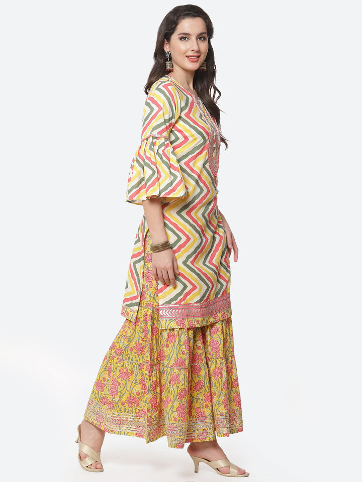 Leheriya Printed Gota Work Cotton Kurti With Sharara