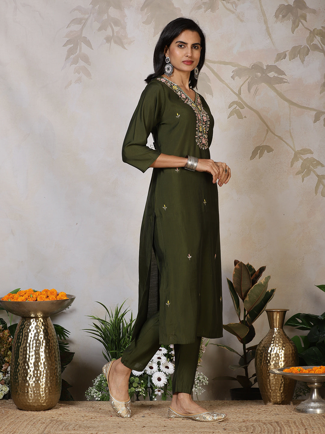 Embroidered Cotton Blend Kurta With Pants &amp; Dupatta