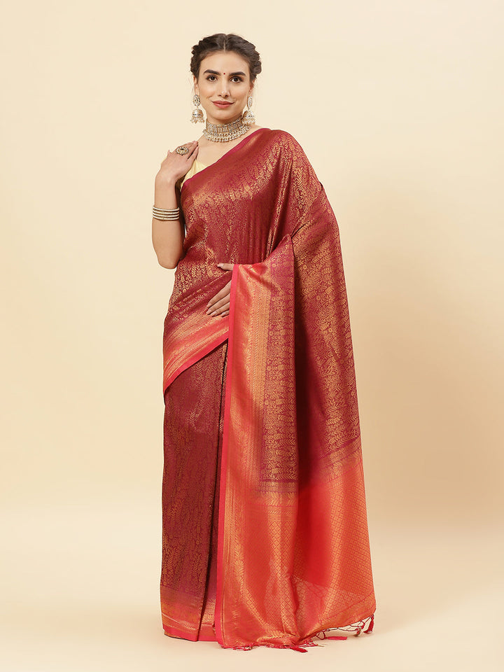 Brocade Zari Jaal Art Handloom Saree  with Contrast Blouse