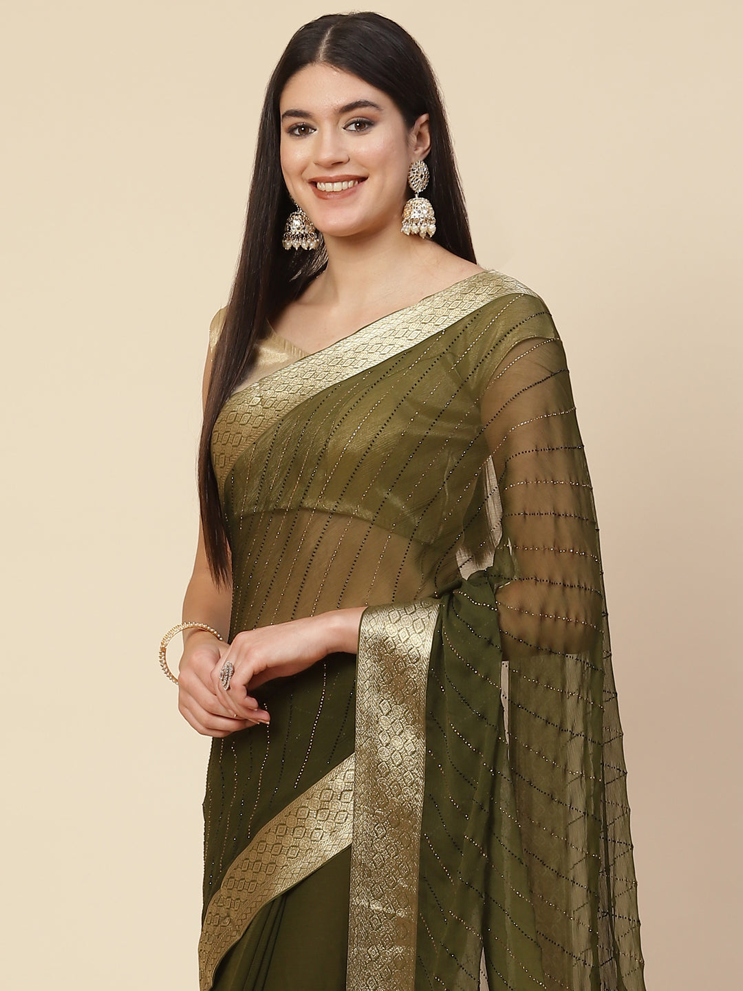 Stone Work Chiffon Plain Saree