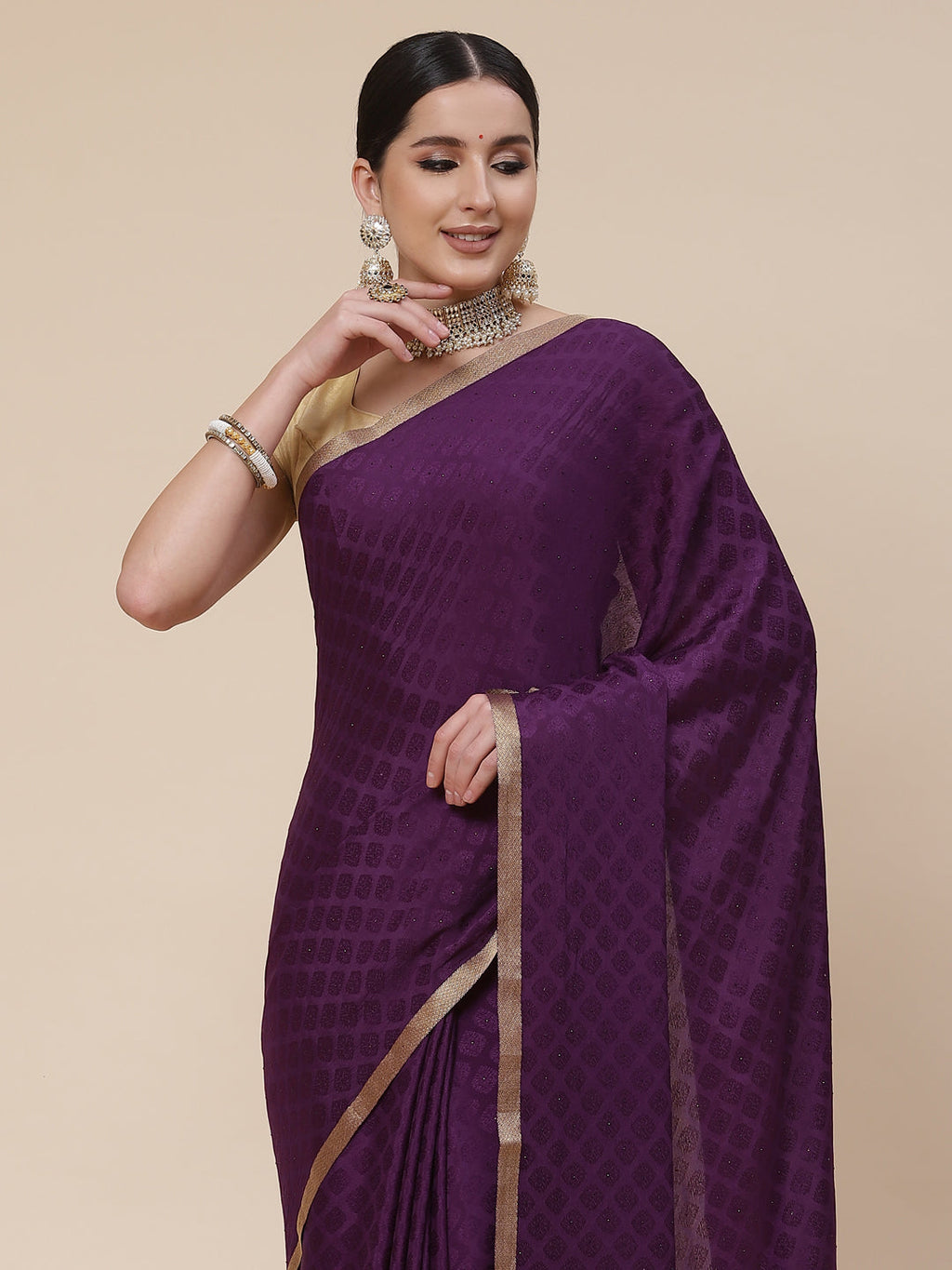 Piped Border Crepe Plain Saree