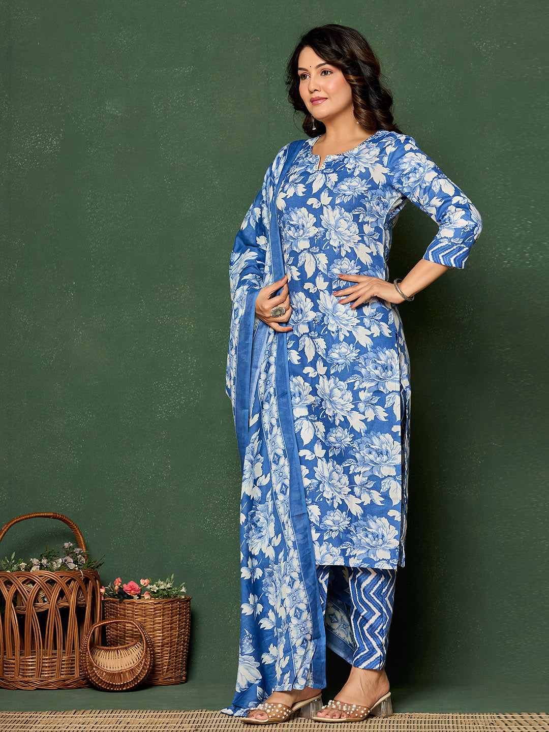 Printed Cotton Blend Kurta With Pants &amp; Dupatta