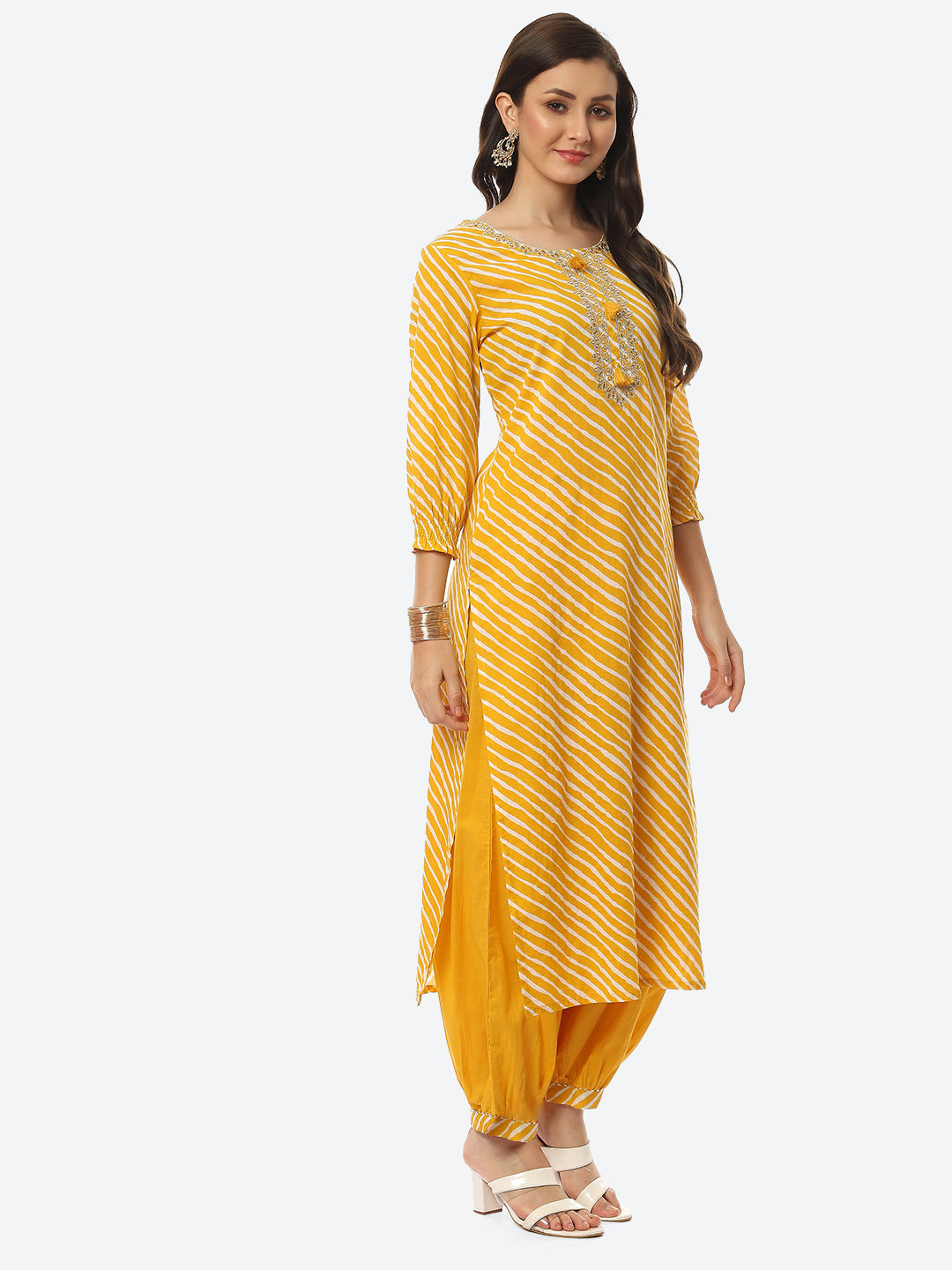 Printed Neck Embroidered Cotton Kurta With Pant
