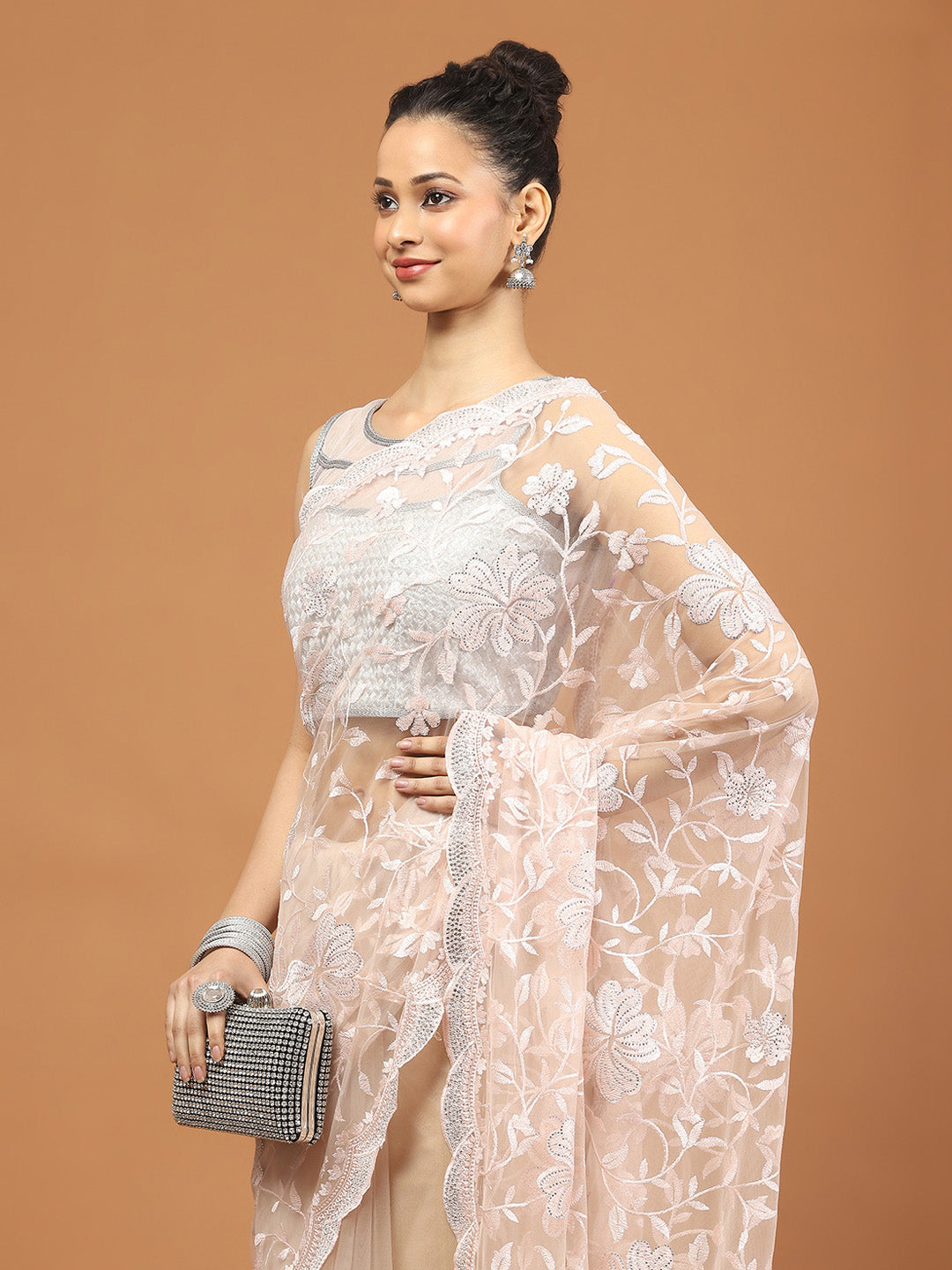 Sequence Embroidery Net Saree