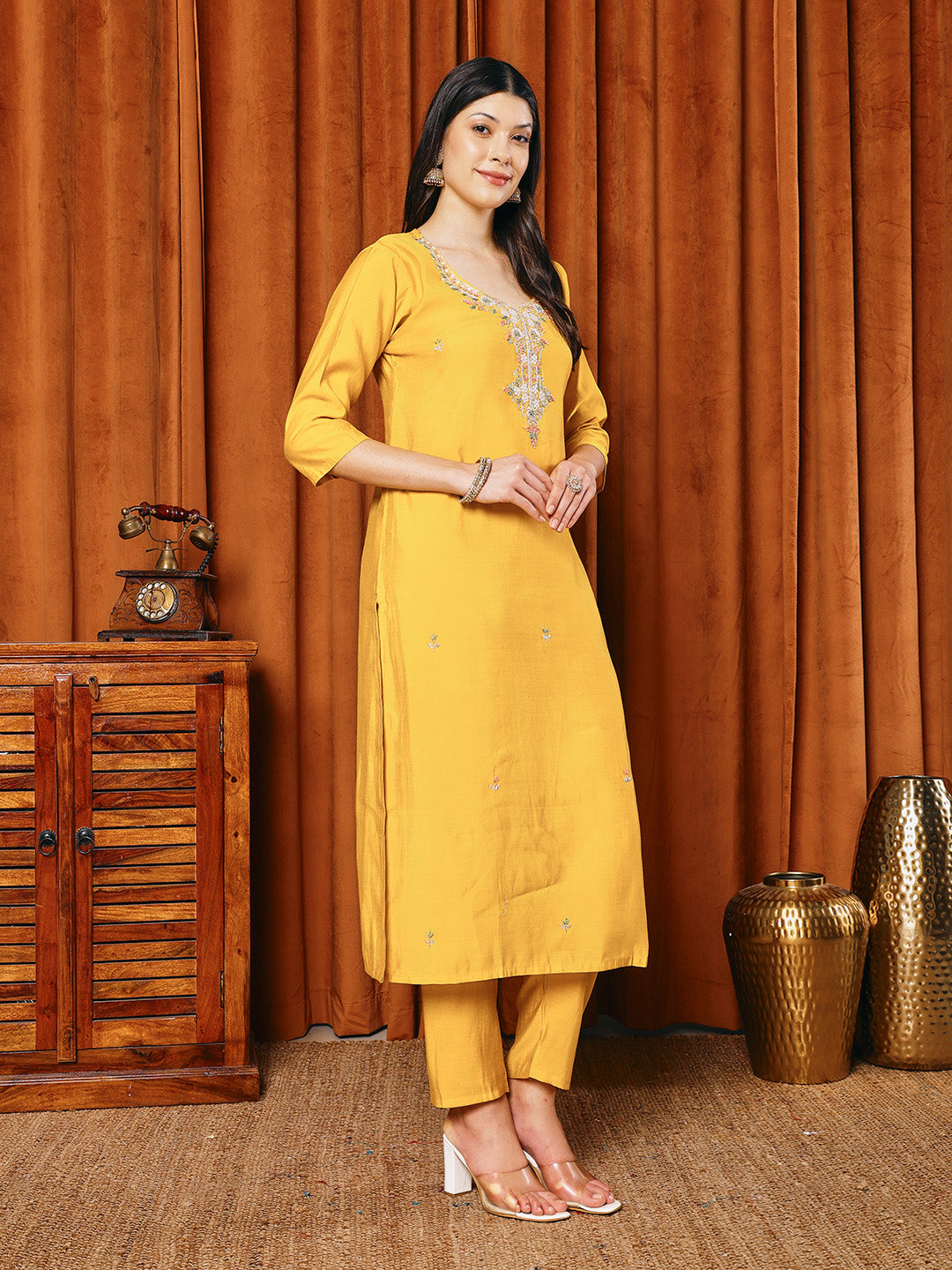 Embroidered Cotton Blend Kurta With Pants &amp; Dupatta