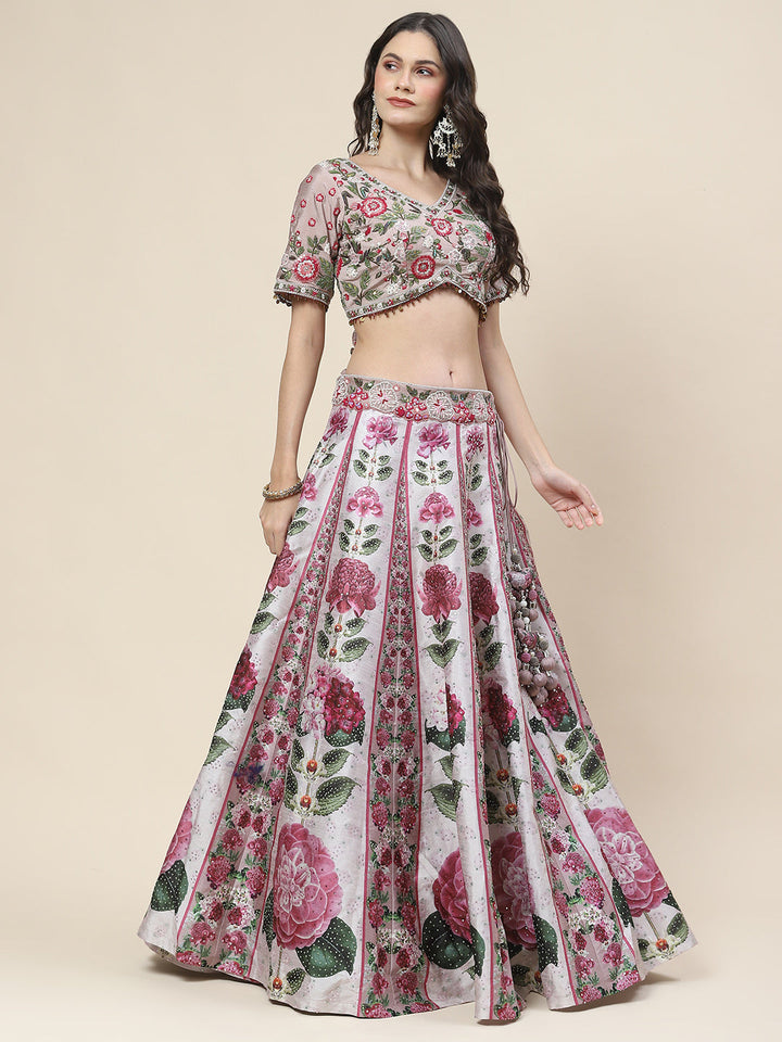 Floral Printed Handloom Choli With Lehenga &amp; Dupatta