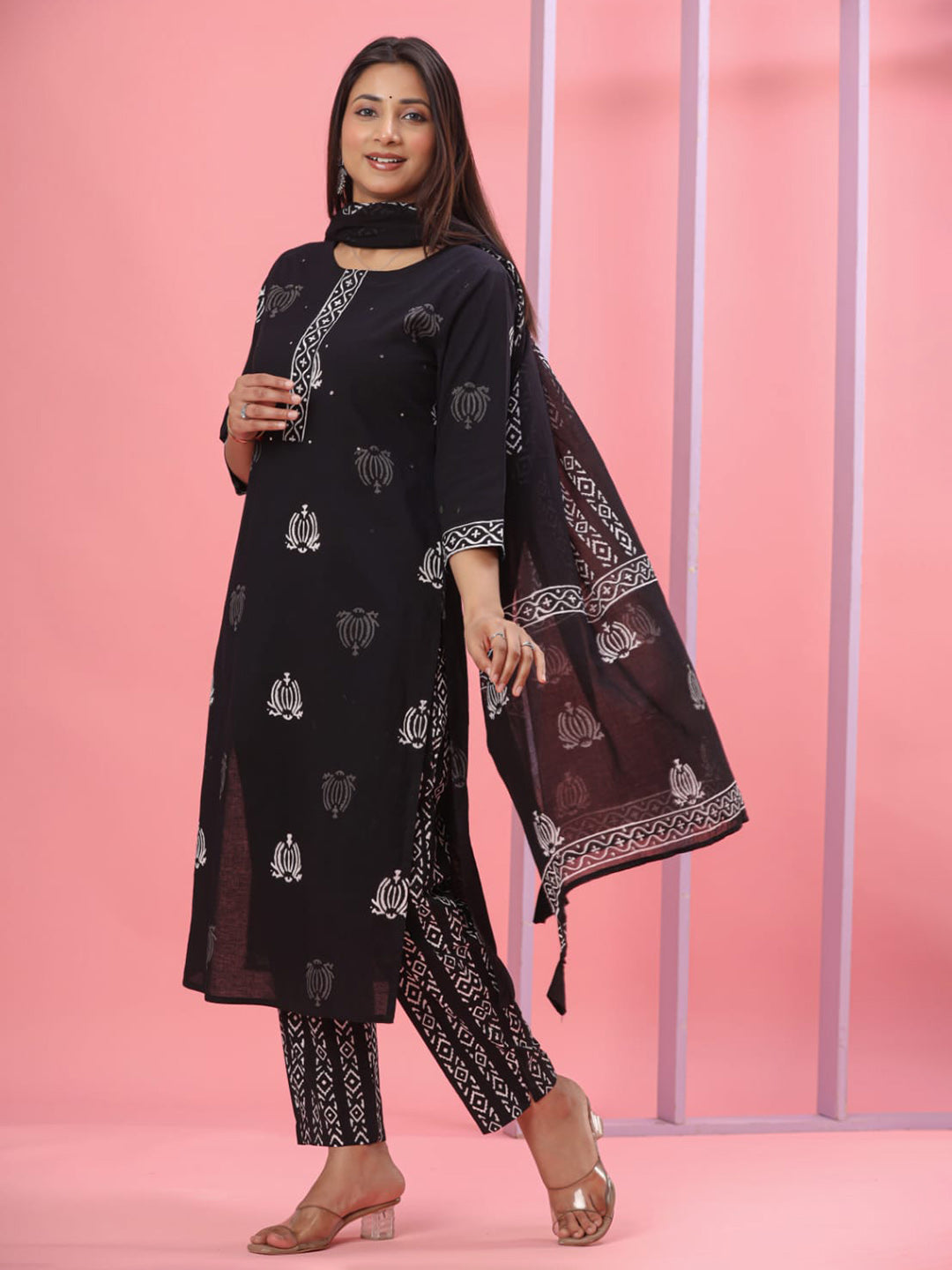 Black Embroidered Cotton Blend Straight Suit Set With Dupatta