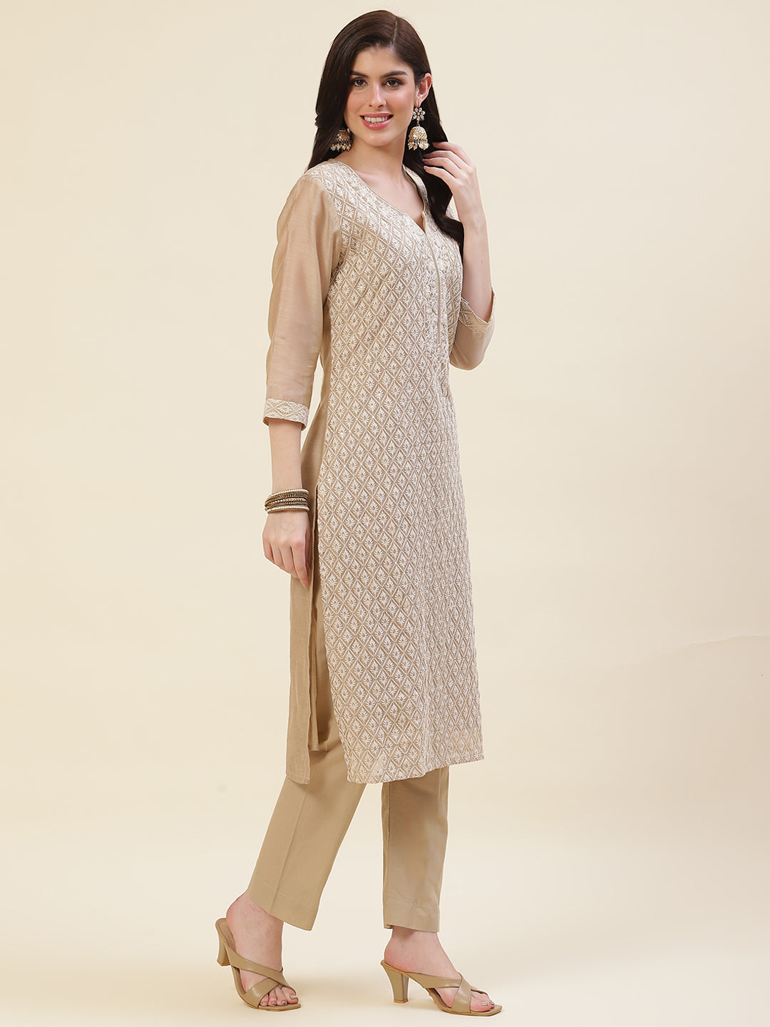 Embroidered Chanderi Cotton Kurta With Pants
