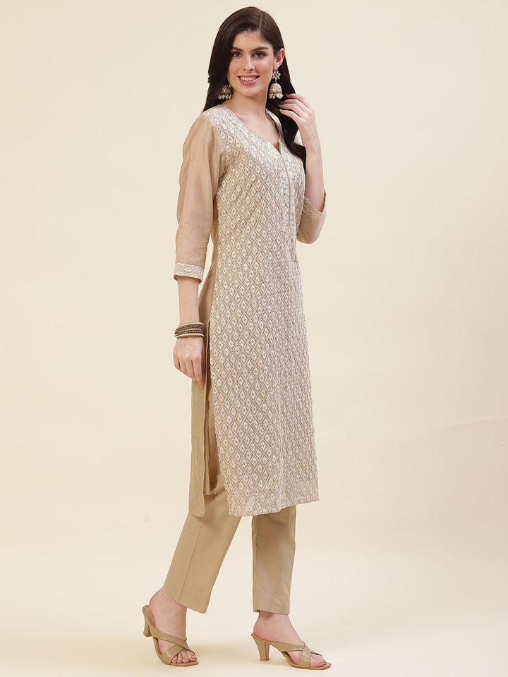 Embroidered Chanderi Cotton Kurta With Pants