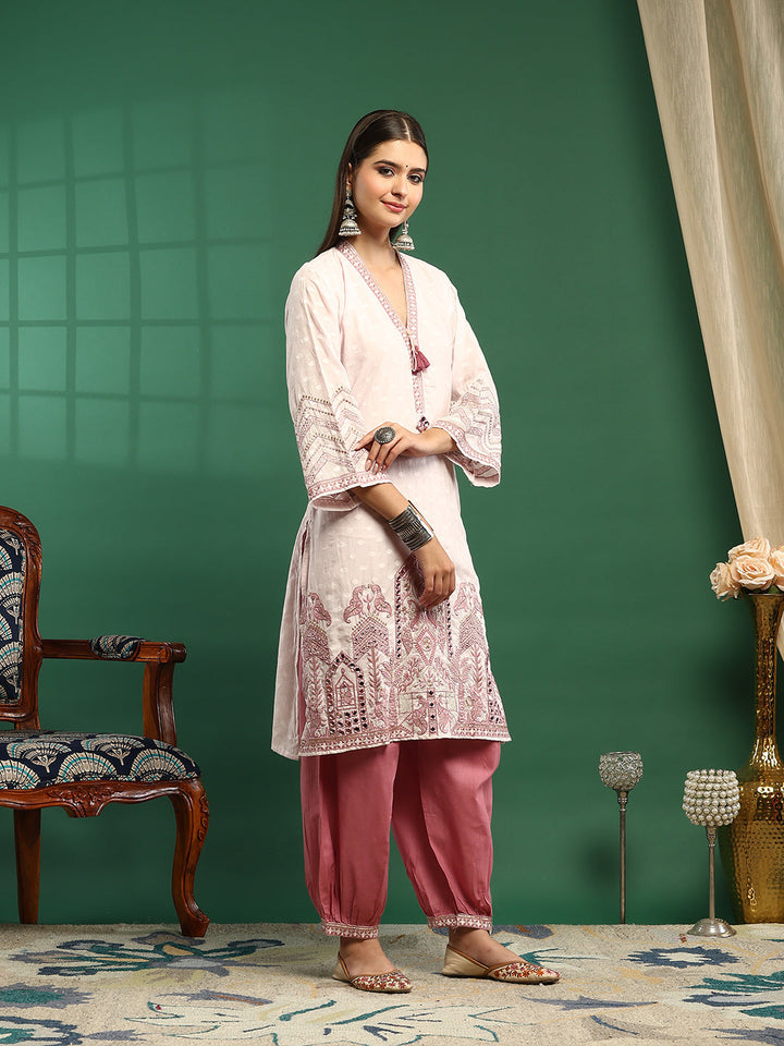 Embroidered Cotton Blend Kurta With Pant &amp; Dupatta