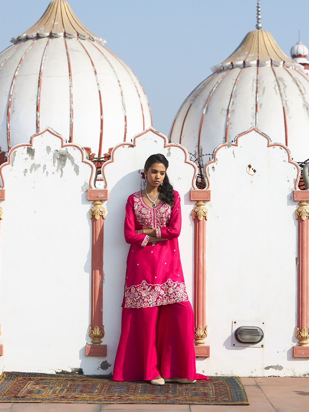 Rani Embroidered Chinon Kurta Palazzo with Dupatta