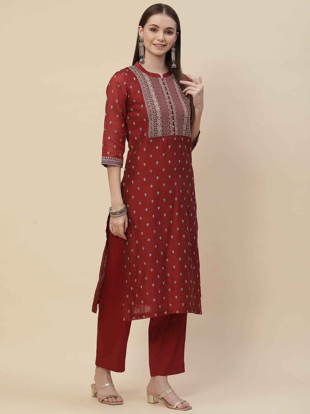 Resham Booti Cotton Kurta With Pants &amp; Dupatta