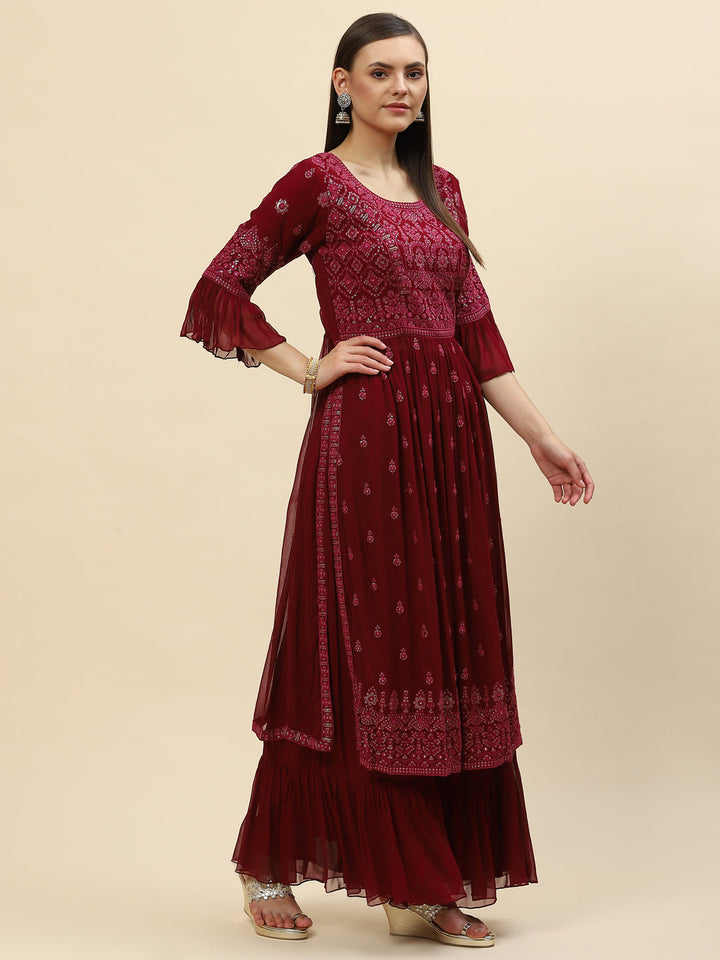 Resham Sequin Embroidered Georgette Kurta With Palazzo &amp; Dupatta