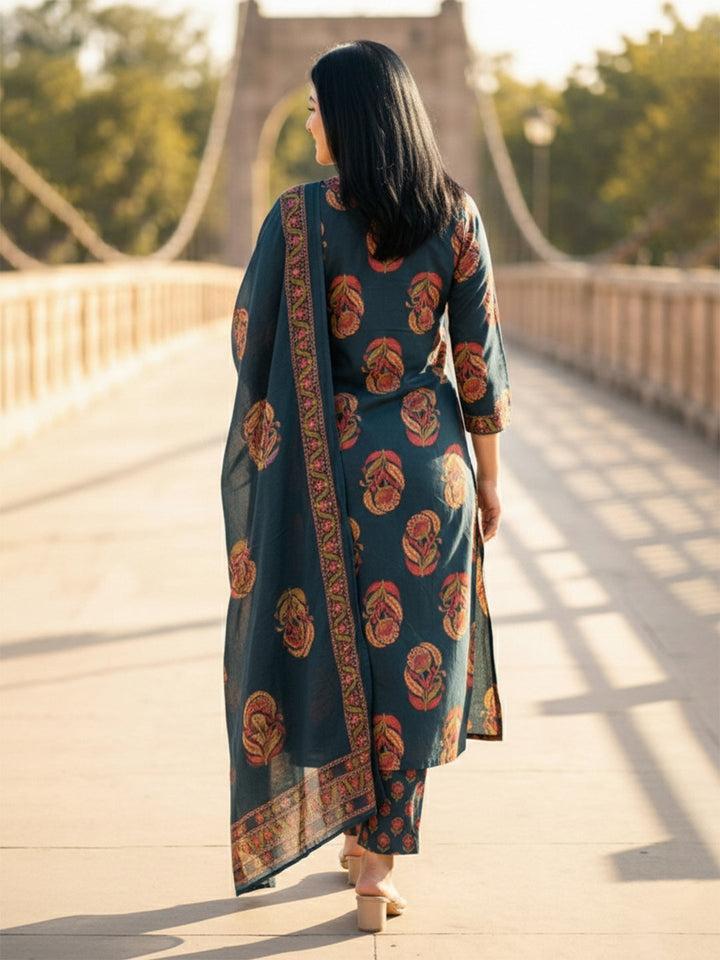Green Cotton Blend Printed Straight Suit Set