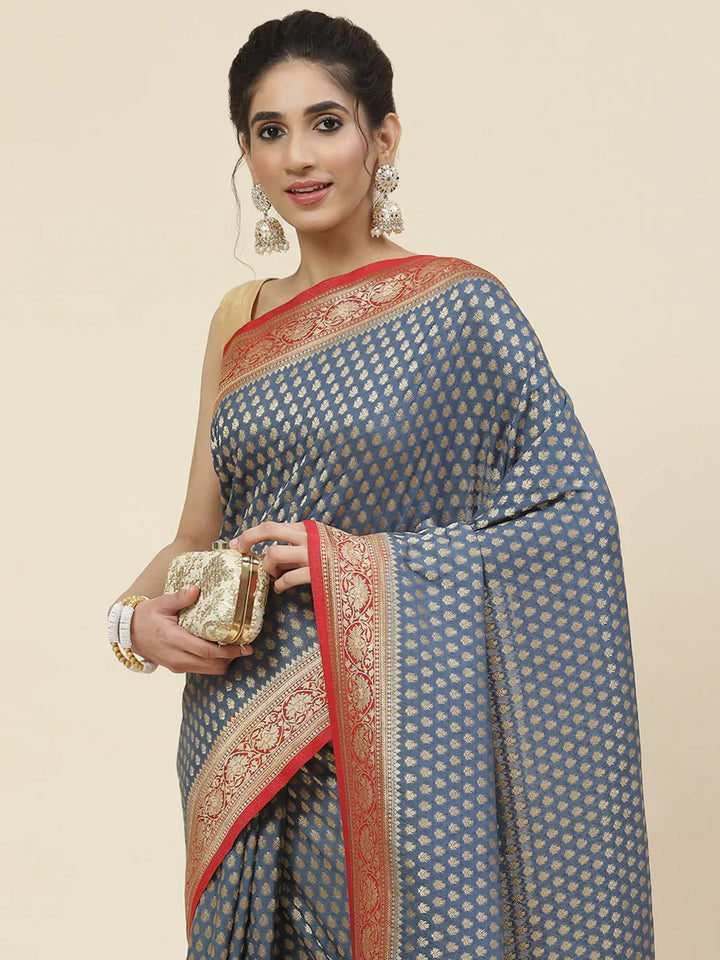 Zari Booti Crepe Plain Saree