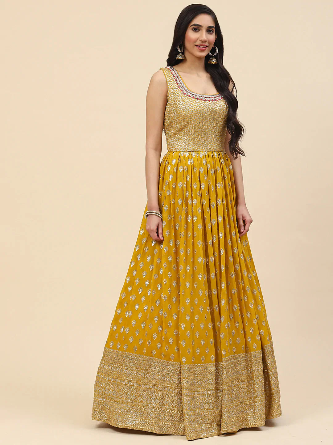 Sequin Embroidered Georgette Kurta With Churidar &amp; Dupatta