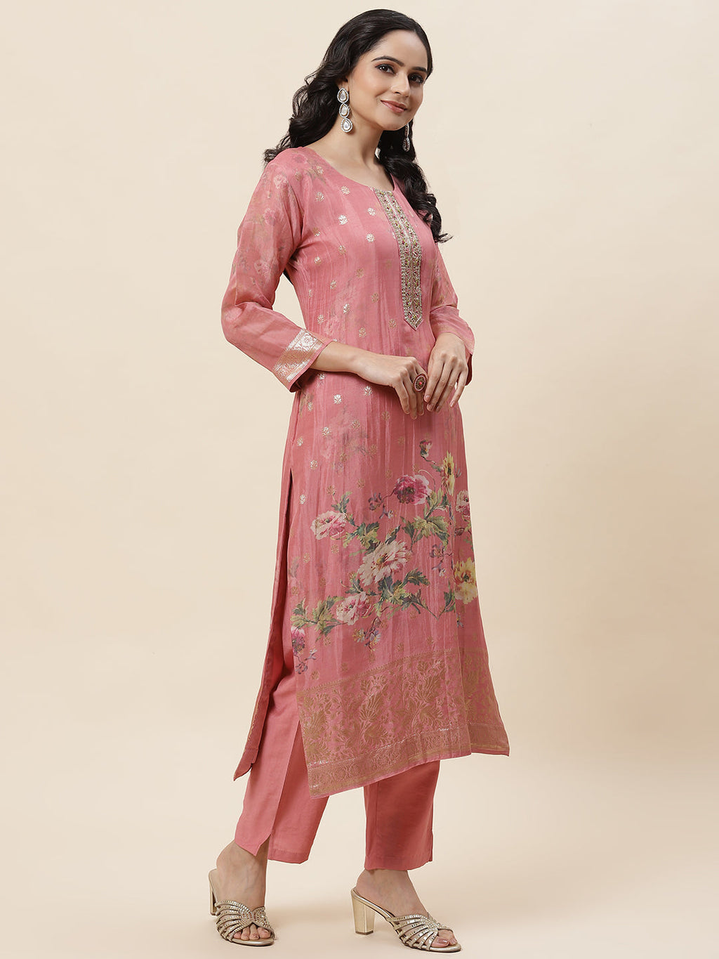 Floral Printed Organza Kurta With Pants & Dupatta