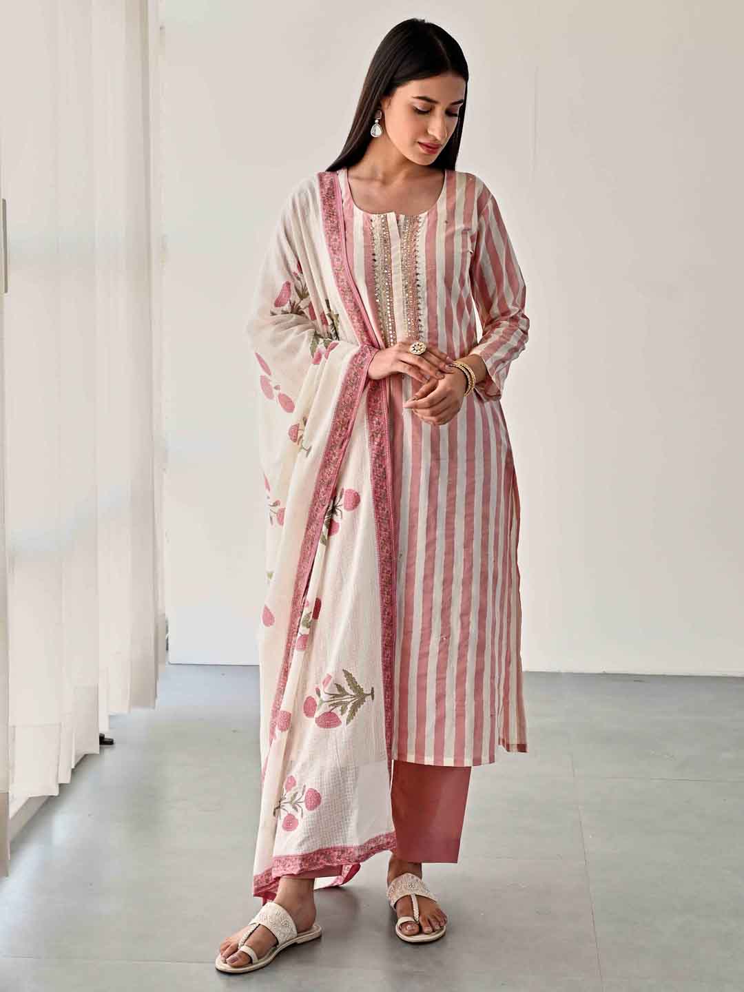 Printed Cotton Kurta With Pants &amp; Dupatta