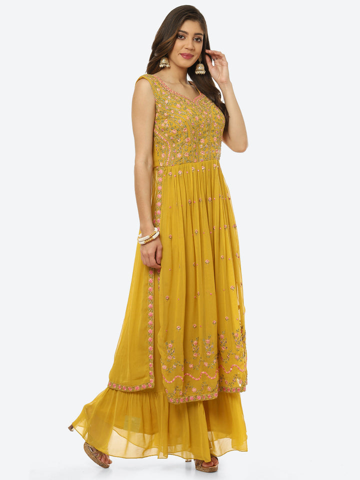 Resham Booti Georgette Anarkali With Sharara &amp; Net Dupatta