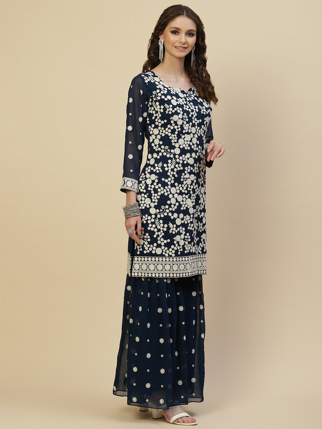 Resham Embroidered Georgette Kurta With Garara &amp; Dupatta