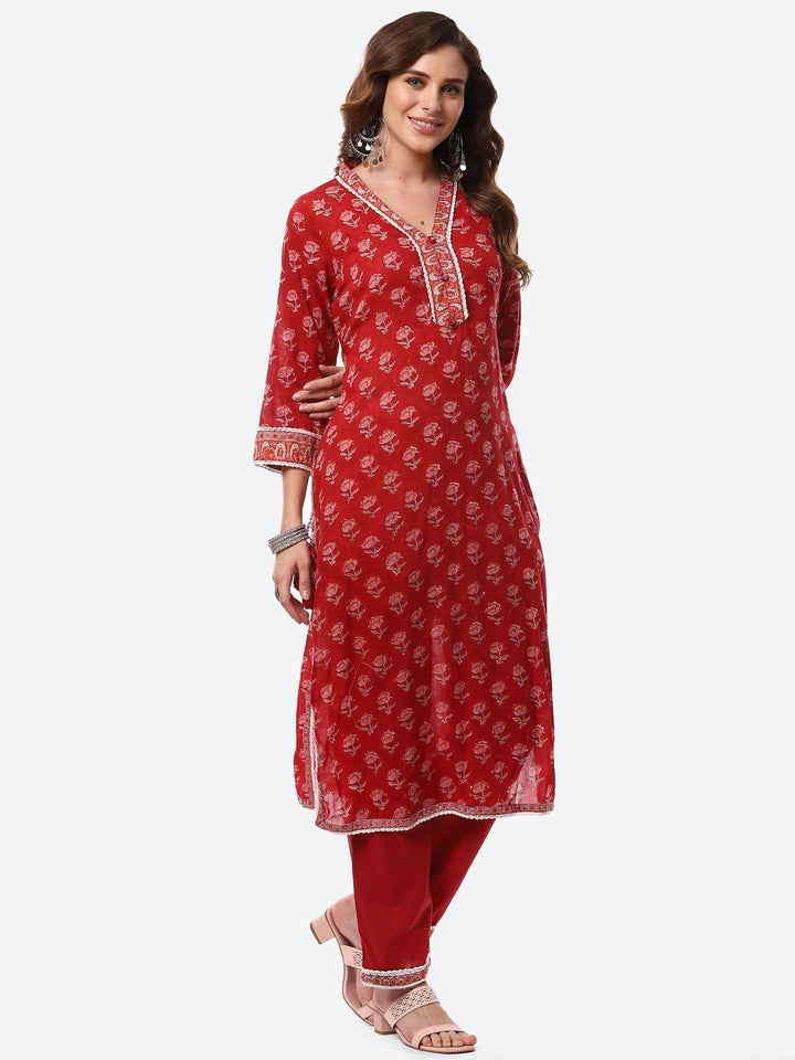 Floral Printed Cotton Kurta With Pants