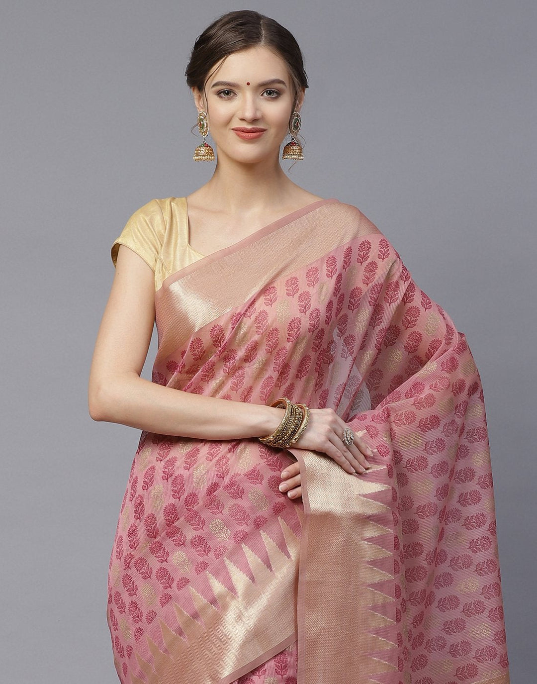 Cotton Printed Super Net Saree with Temple Border