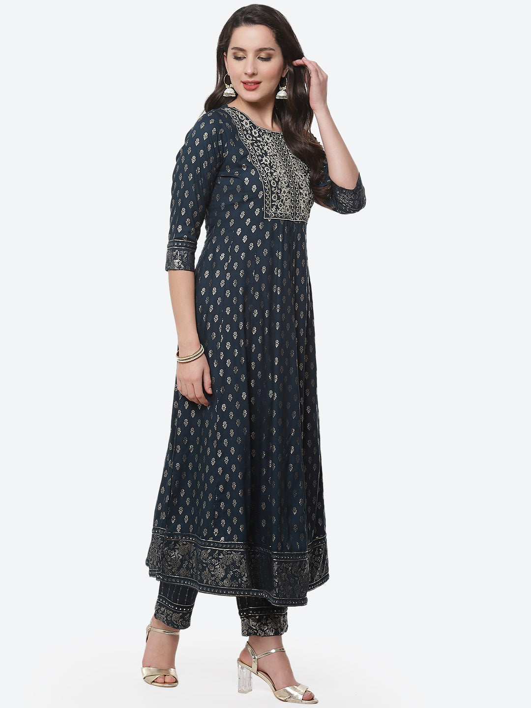 Printed Zari Neck Cotton Stitched Anarkali Salwar Kameez With Chiffon Dupatta