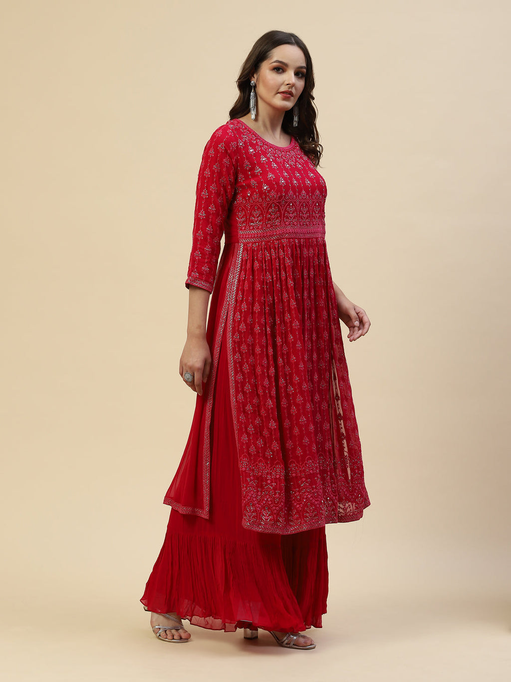 Embroidered Georgette Kurta With Palazzo & Dupatta