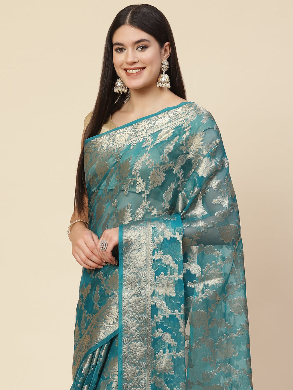 Floral Zari Jaal Organza Woven Saree