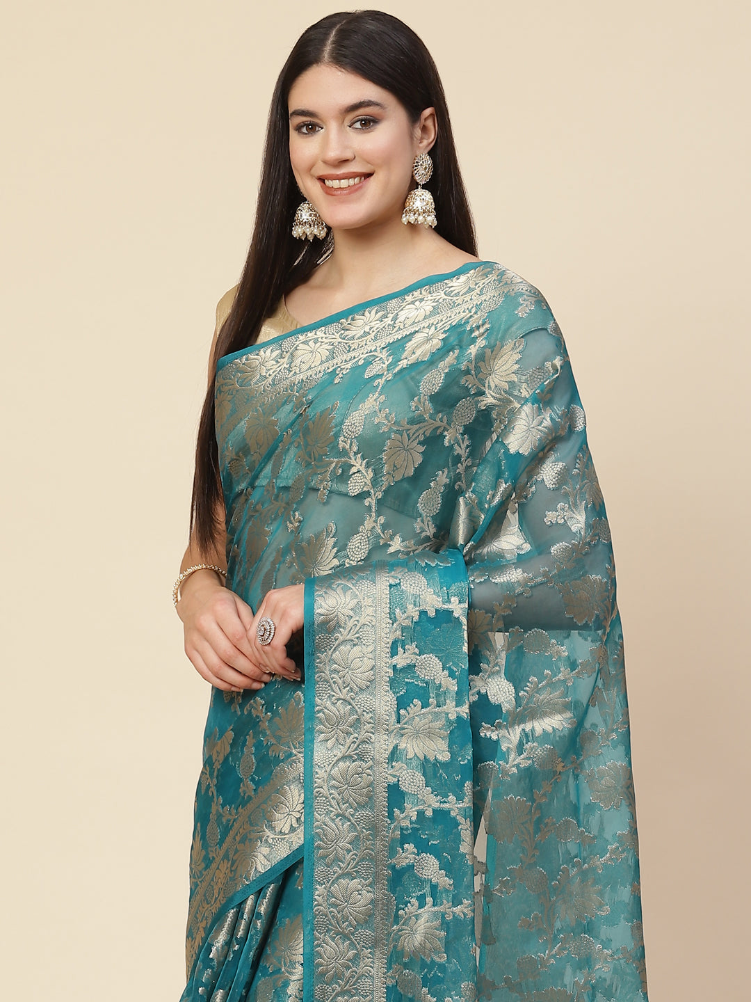 Floral Zari Jaal Organza Woven Saree