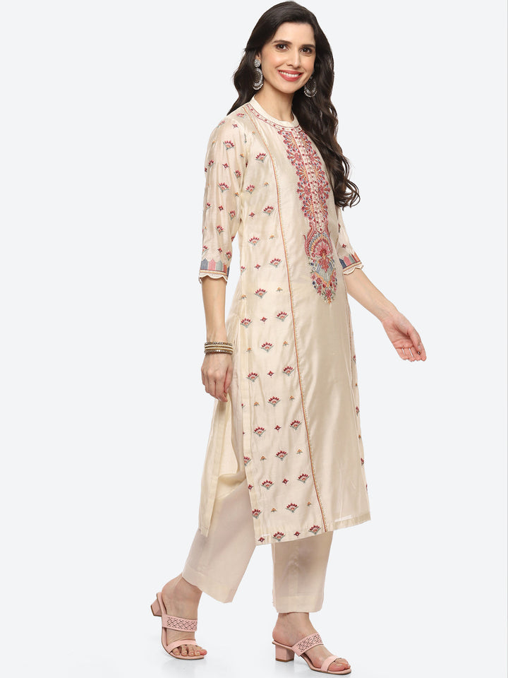 Resham Neck Booti Cotton kurta With Pant &amp; Dupatta