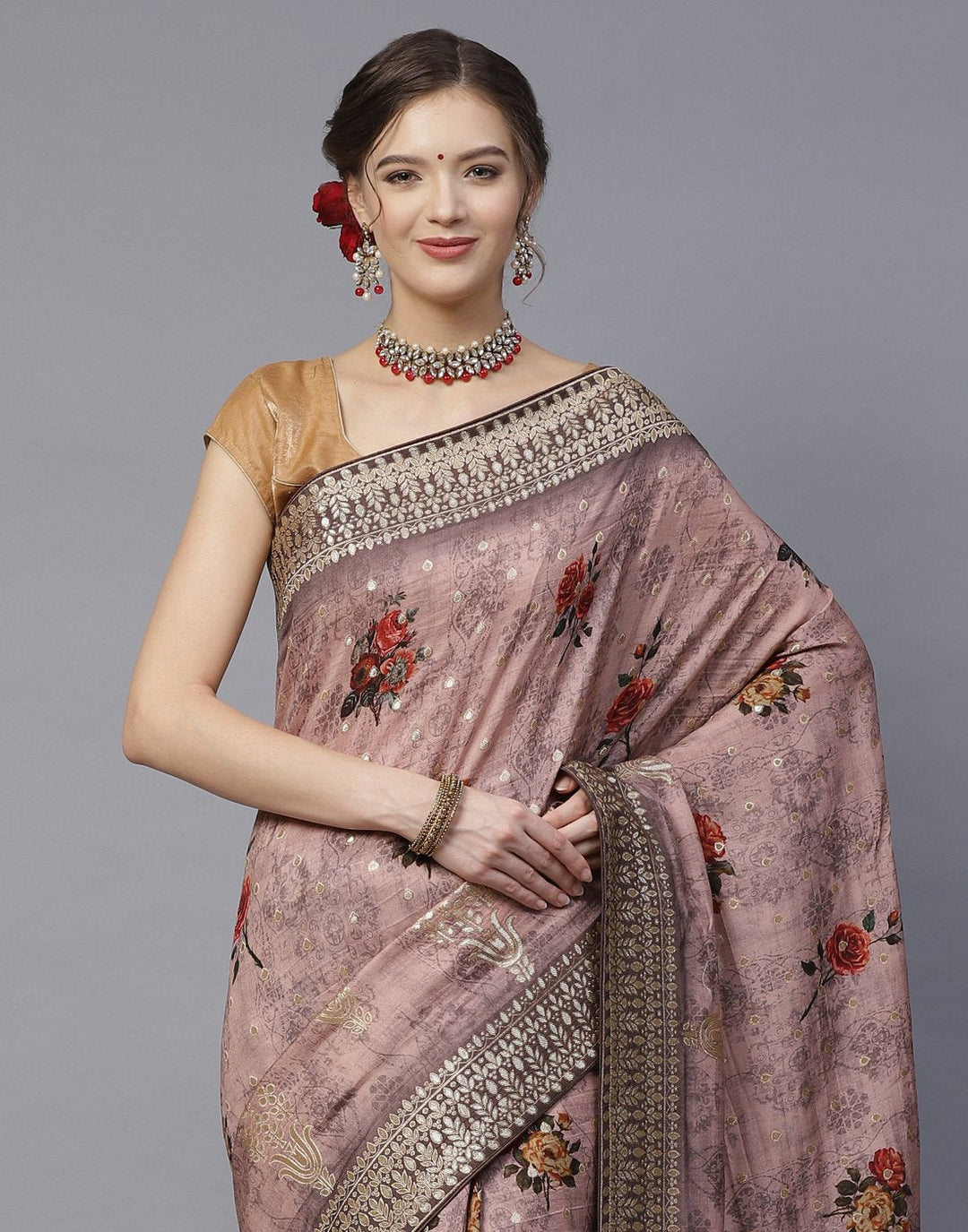 Digital Floral Printed Saree With Gota Patti Border