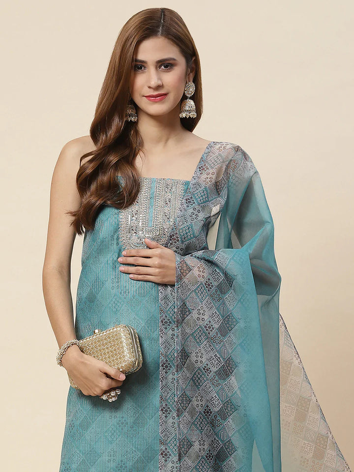 Neck Embroidered Chanderi Unstitched Suit Piece With Dupatta