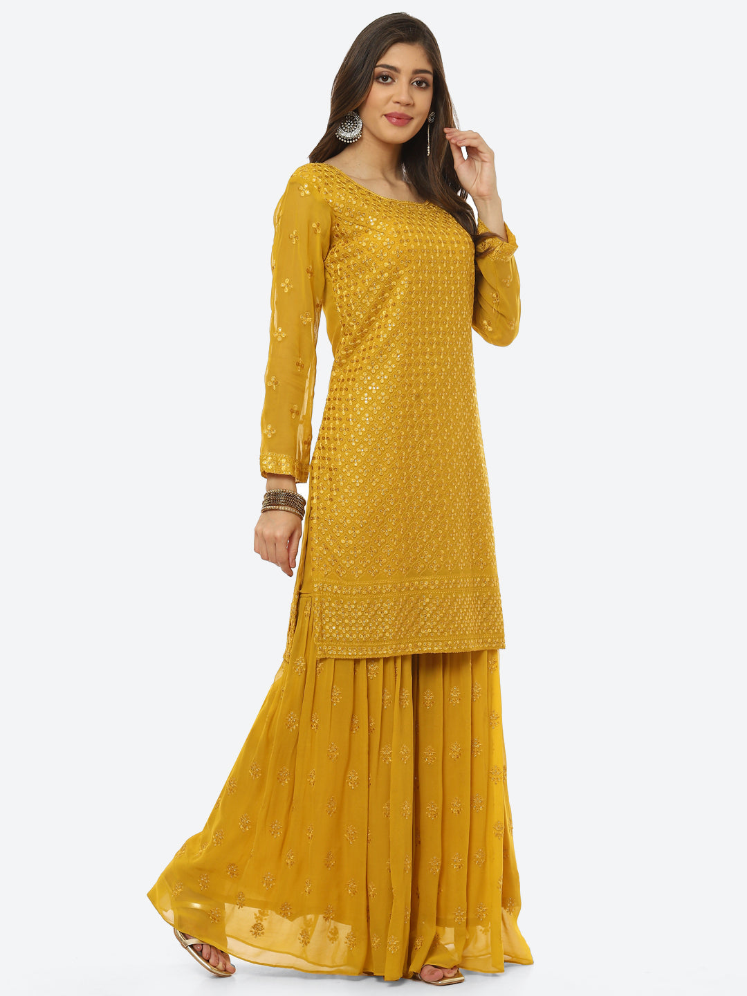 Resham Sequin Booti Georgette kurti With Garara &amp; Dupatta