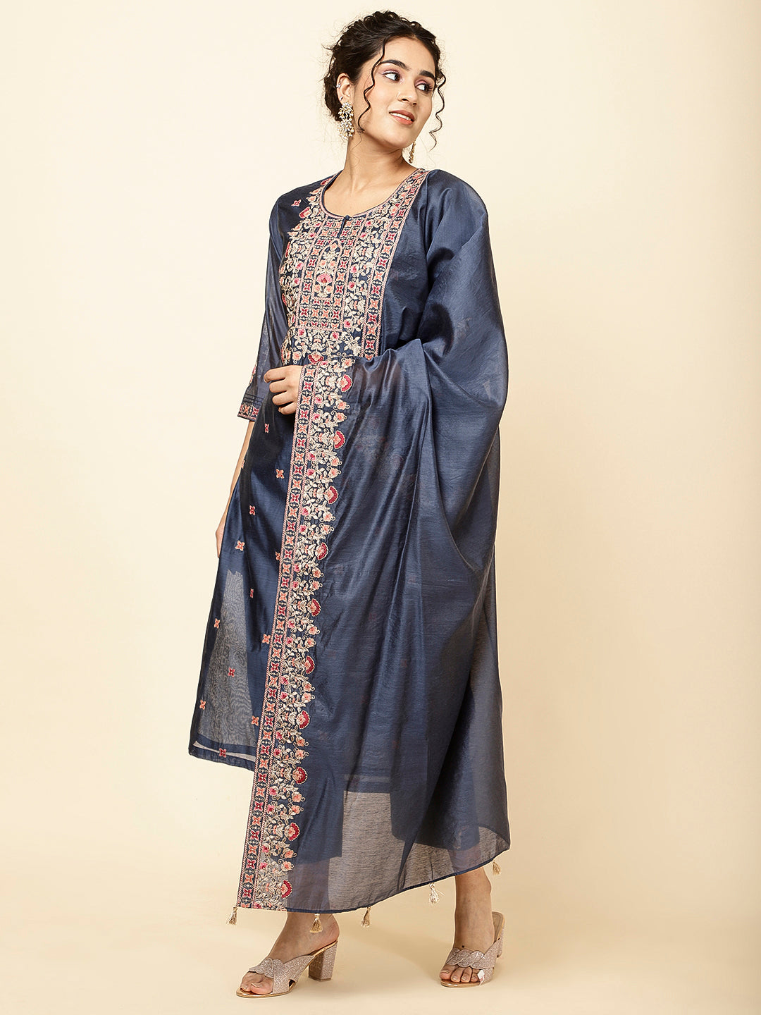 Neck Embroidered Chanderi Kurta With Pants &amp; Dupatta