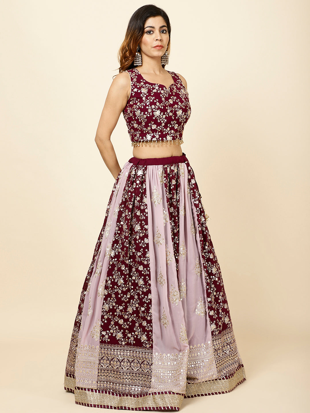 Zari Embroidered Georgette Choli With Lehenga &amp; Dupatta