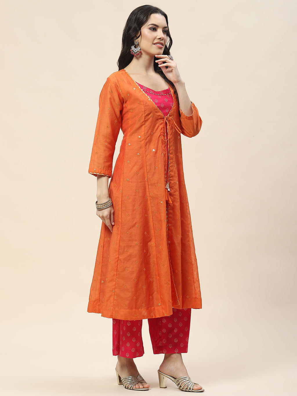 Embroidered Chanderi Kurta With Cape & Pants