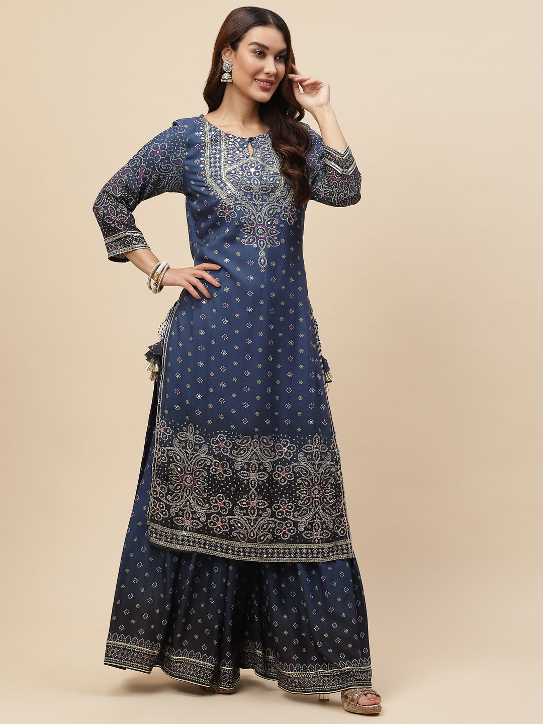 Bandhani Printed Muslin Kurta With Sharara & Dupatta